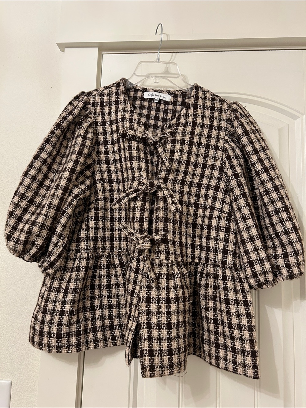 Plaid Bow-Tie Tweed Jacket in Brown& Cream with gold threads